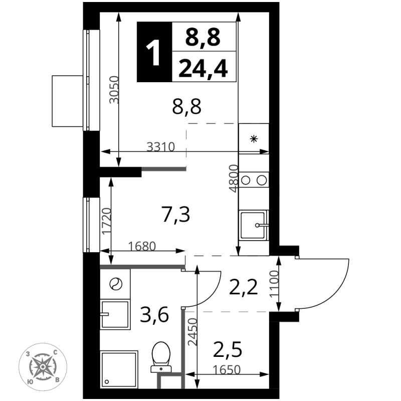 Студия 24,4 м²