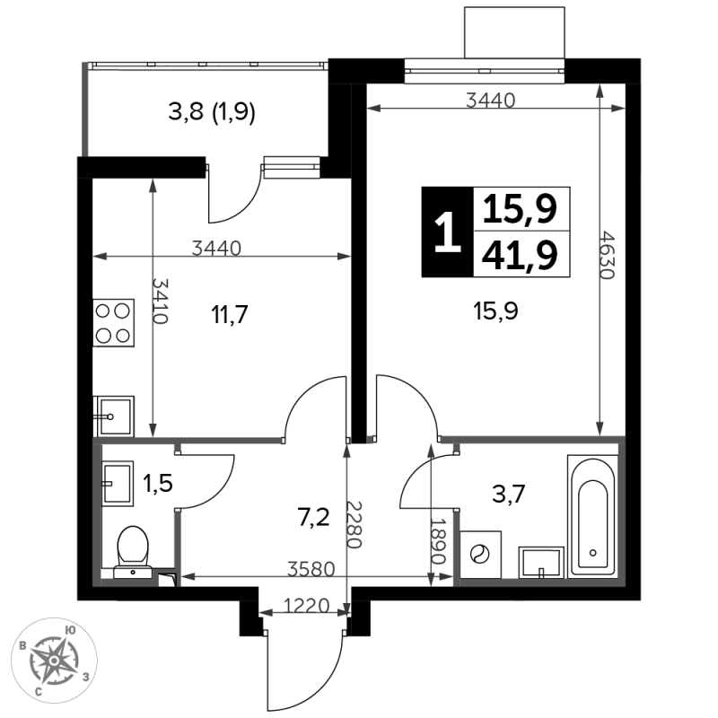 1 ккв 42,1 м²