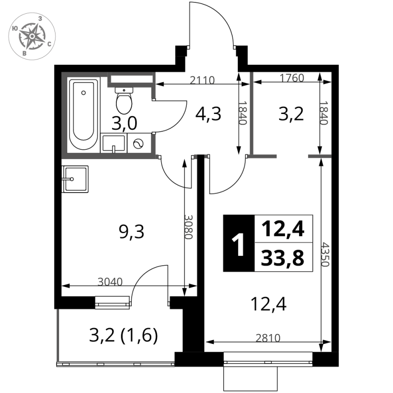 1 ккв 33,8 м²