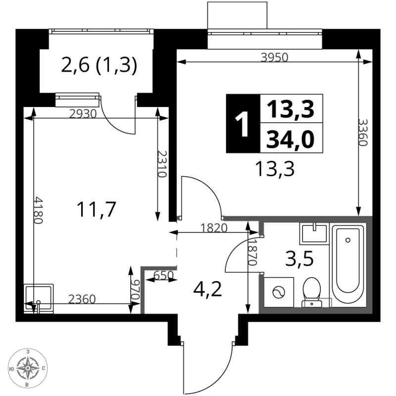 1 ккв 34 м²
