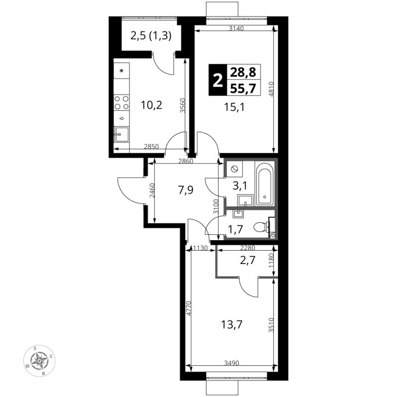 2 ккв 55,7 м²