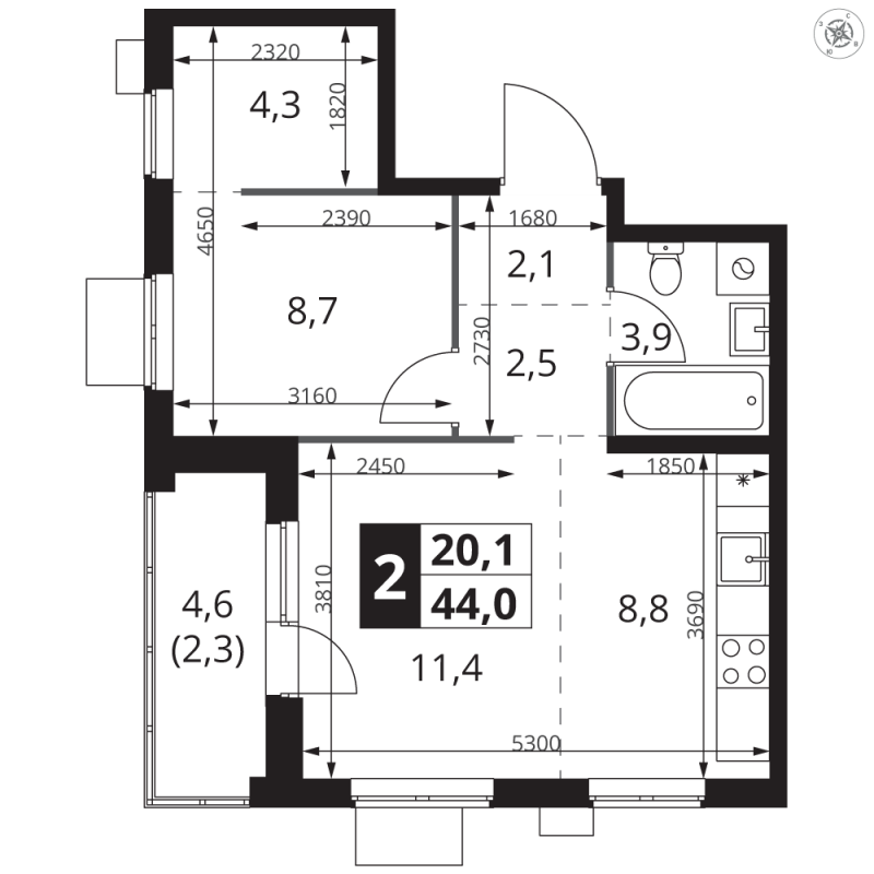 2 ккв (Евро) 44 м²