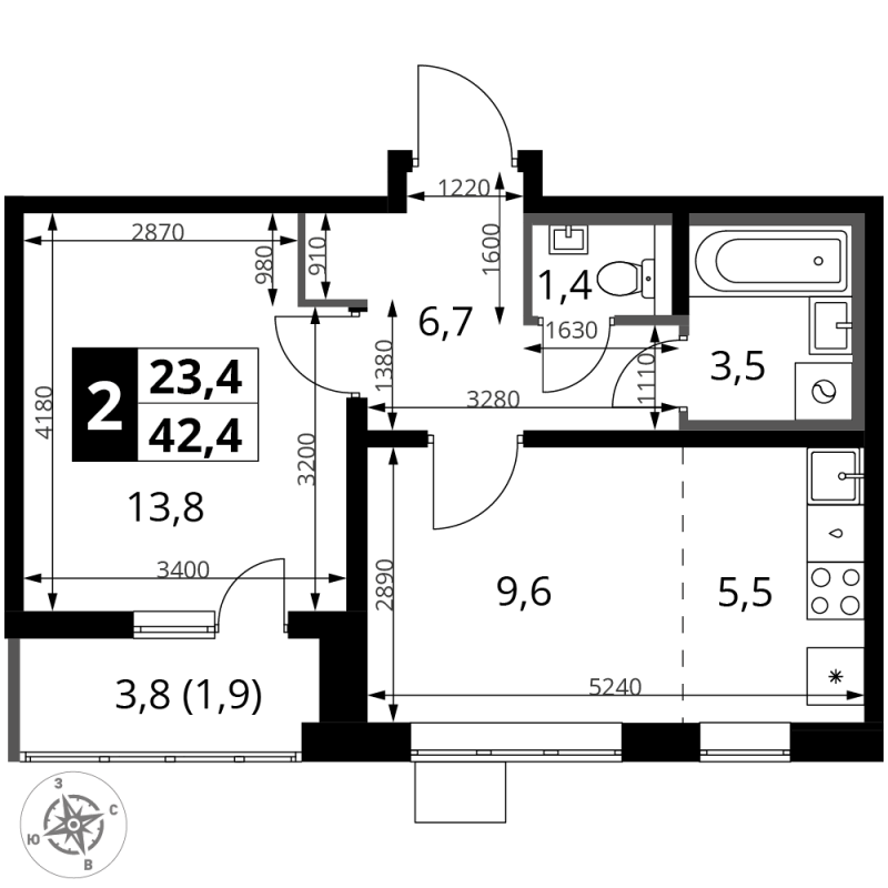 2 ккв (Евро) 42,4 м²