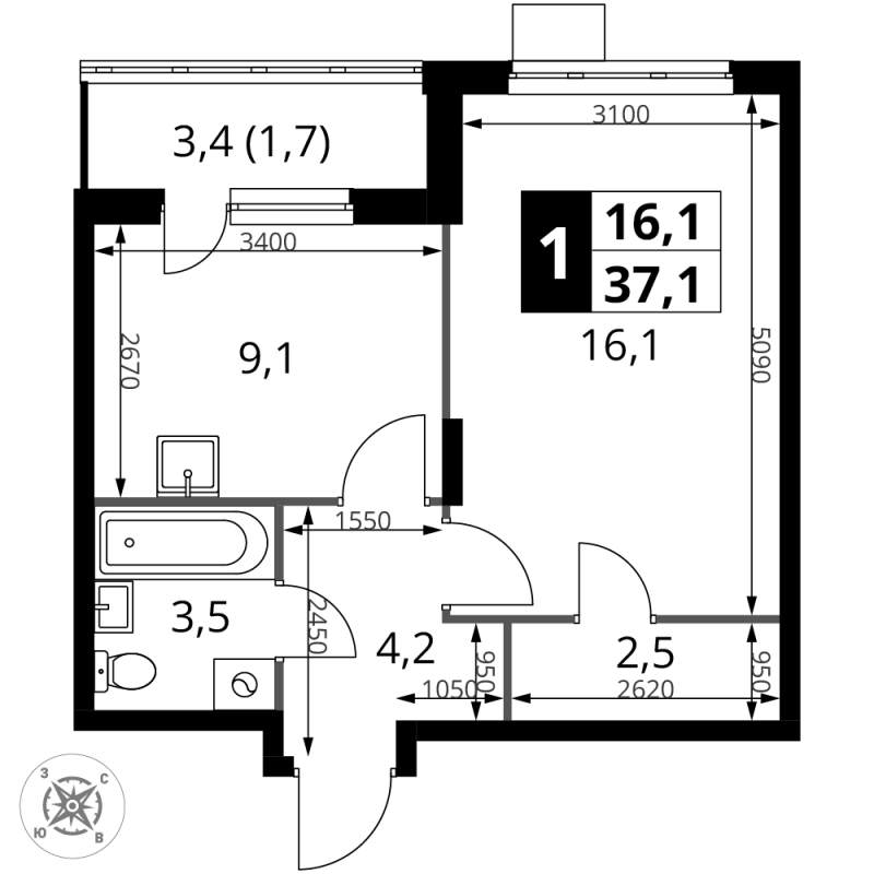 1 ккв 37,1 м²
