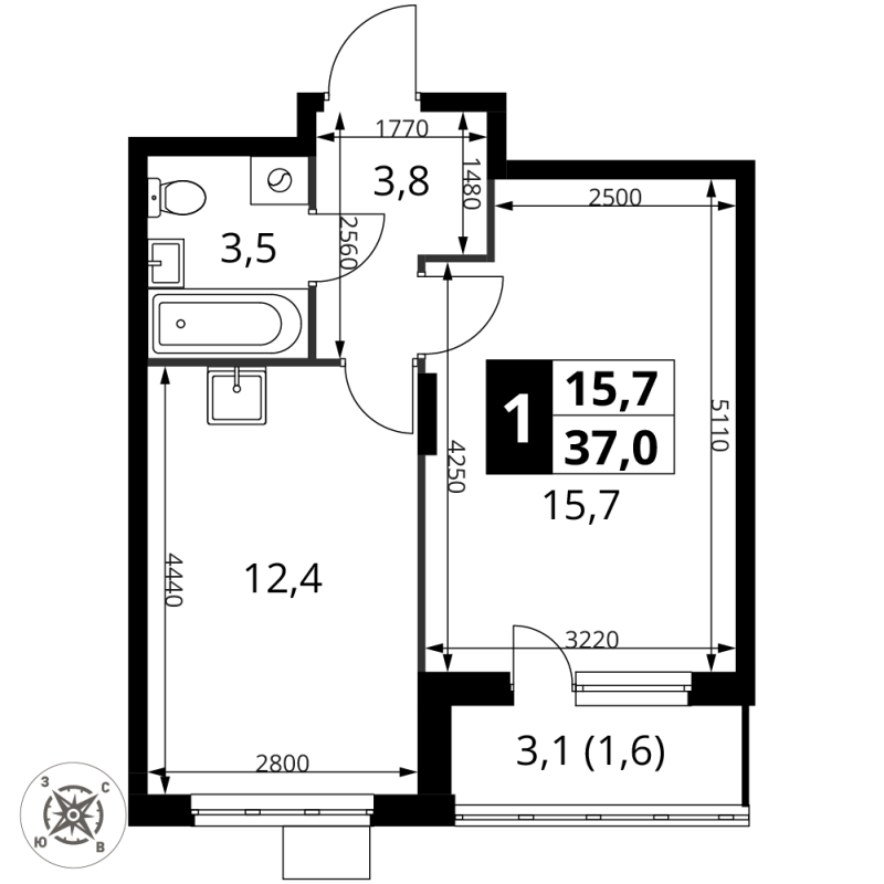 1 ккв 37 м²