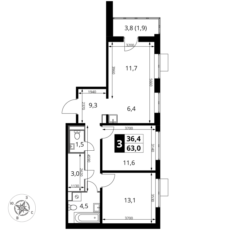 3 ккв (Евро) 63 м²