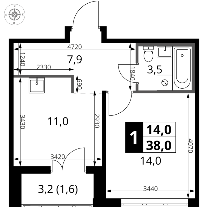 1 ккв 38 м²