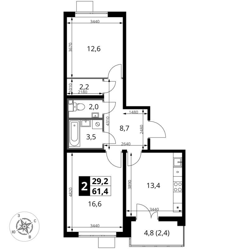 2 ккв 61,4 м²