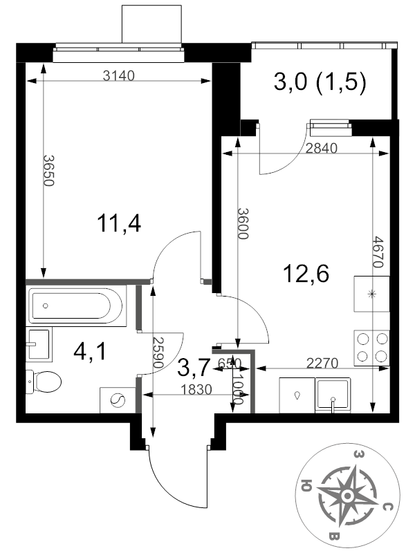 1 ккв 33,3 м²