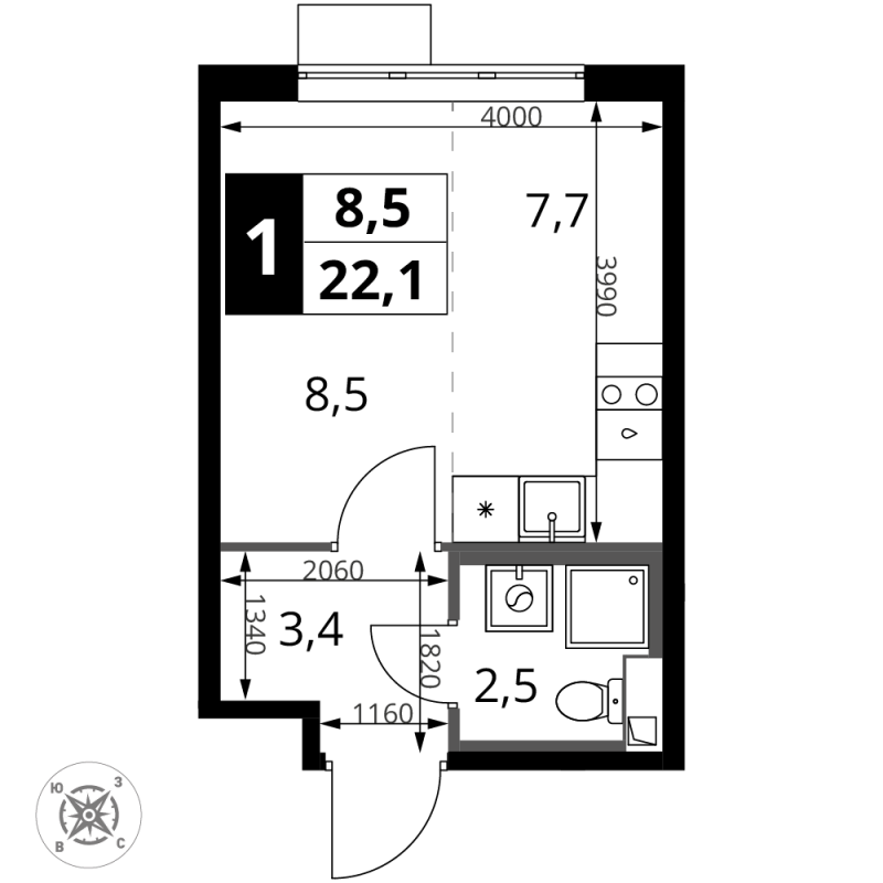 Студия 22,1 м²