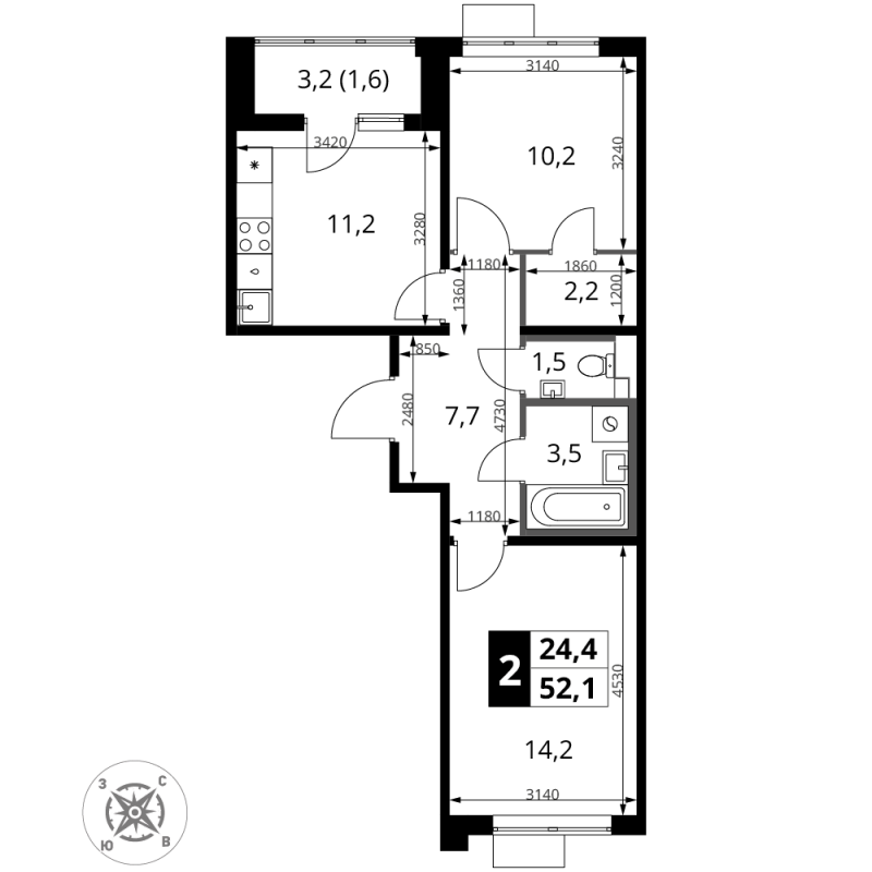 2 ккв 52,1 м²