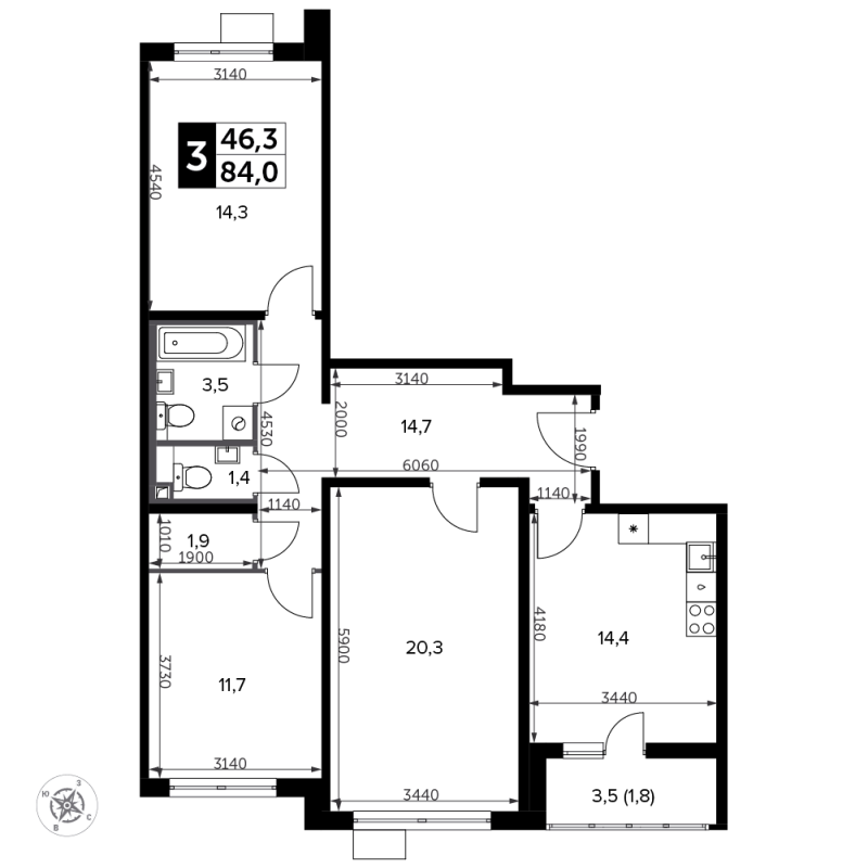 3 ккв 84,9 м²