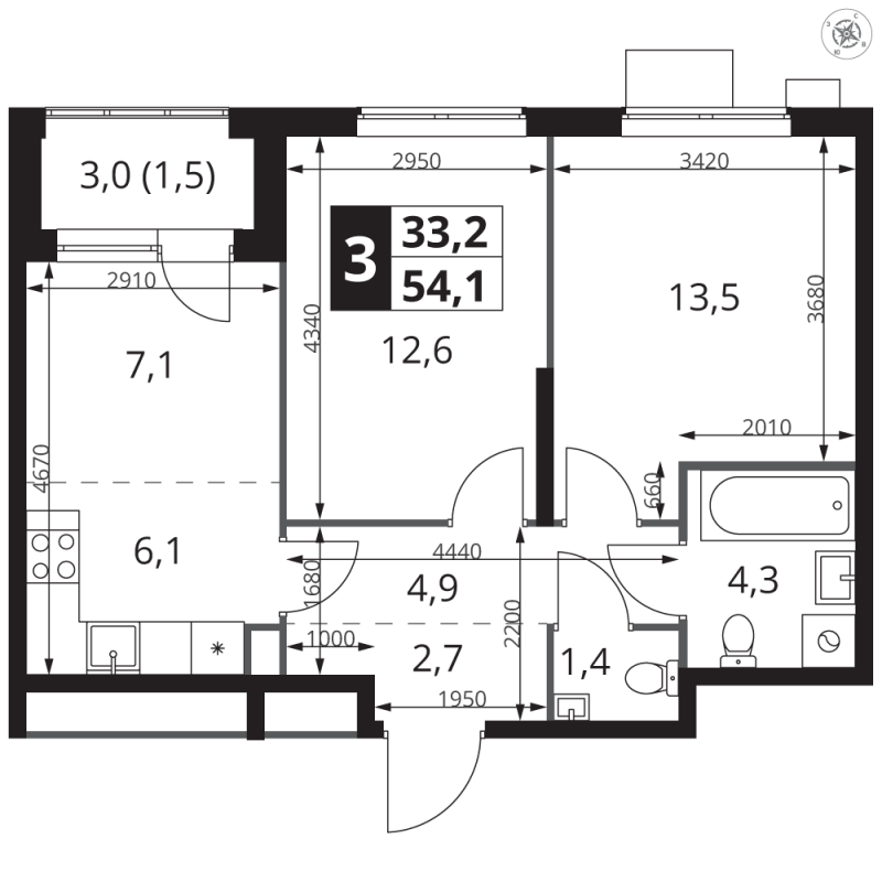 2 ккв 54,1 м²