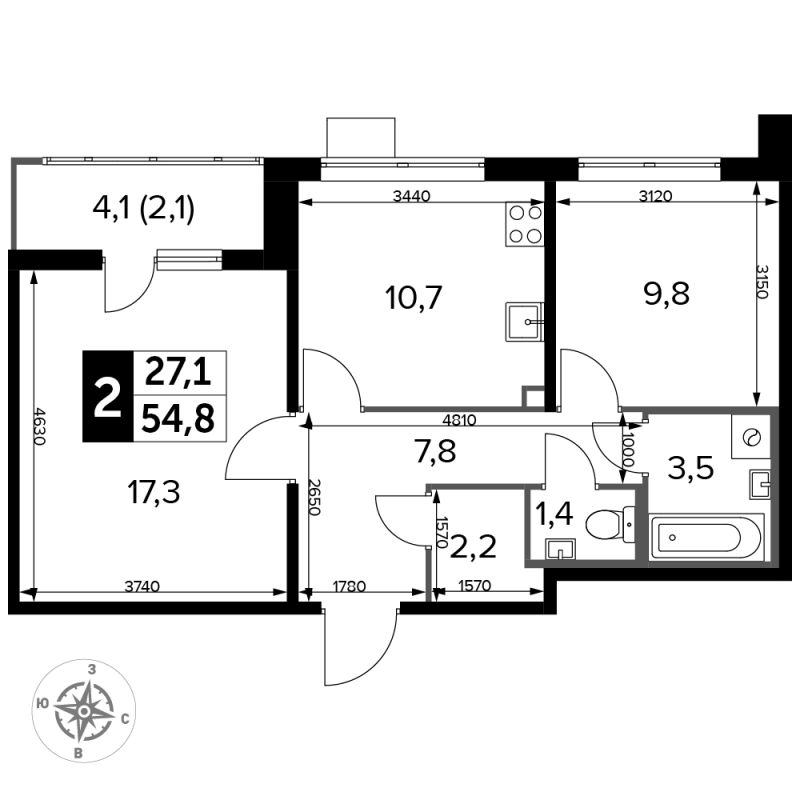 2 ккв 54,7 м²
