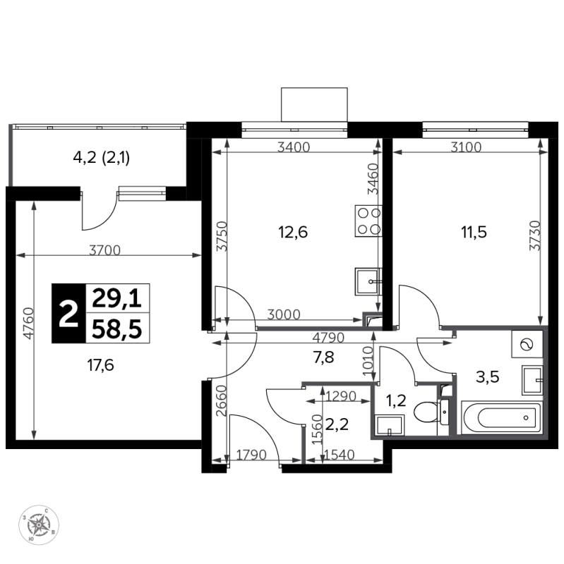 2 ккв 59,2 м²
