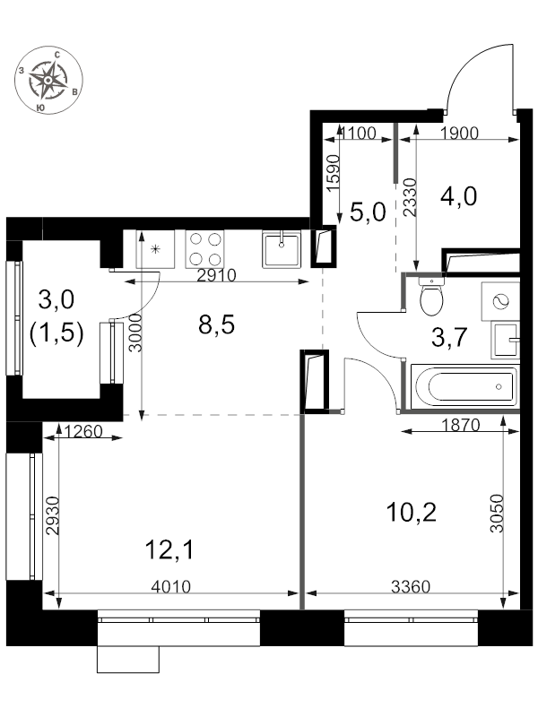 2 ккв (Евро) 45 м²