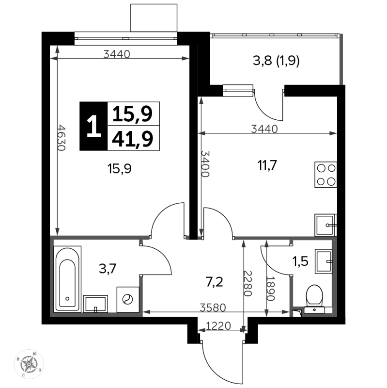 1 ккв 42,9 м²