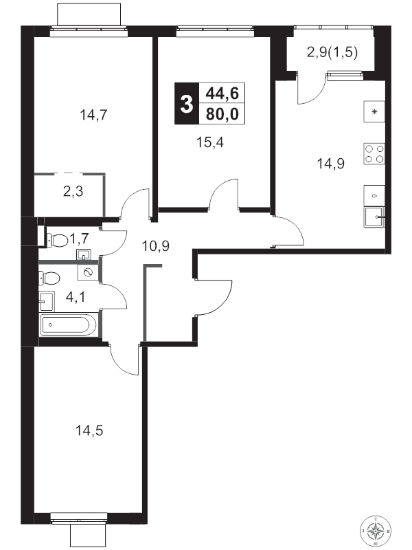 3 ккв 80 м²