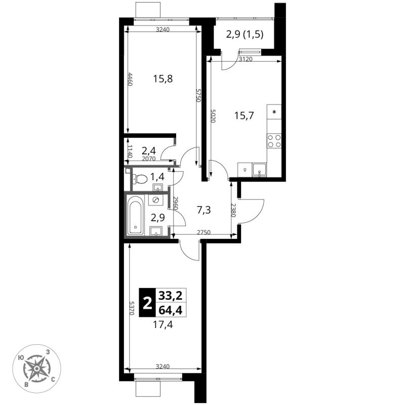 3 ккв (Евро) 64,4 м²
