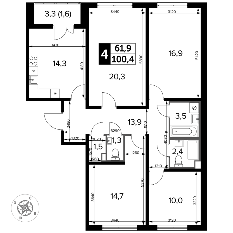 4 ккв 100,7 м²