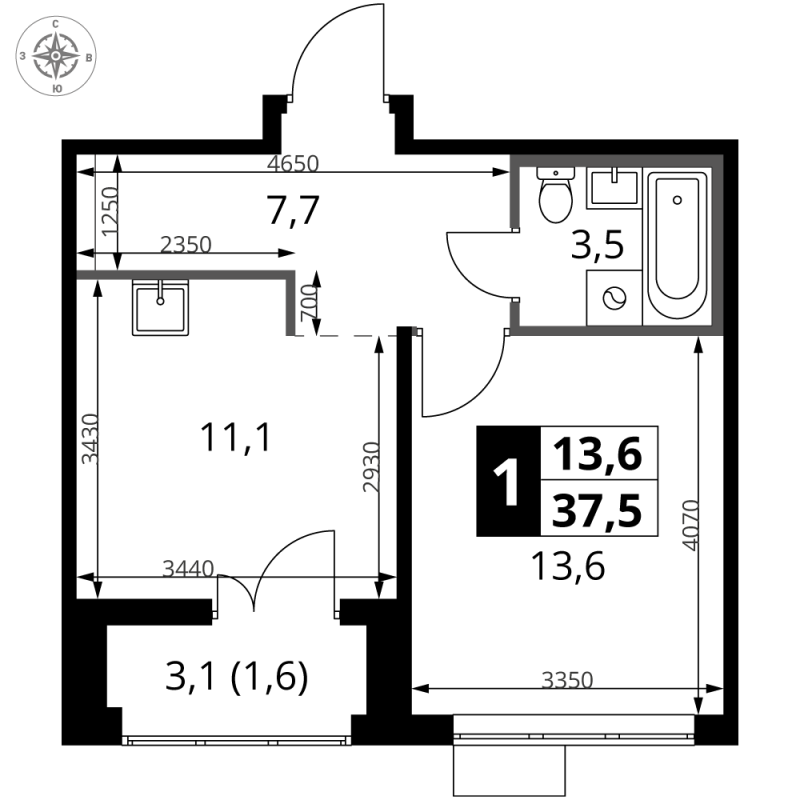 1 ккв 37,5 м²
