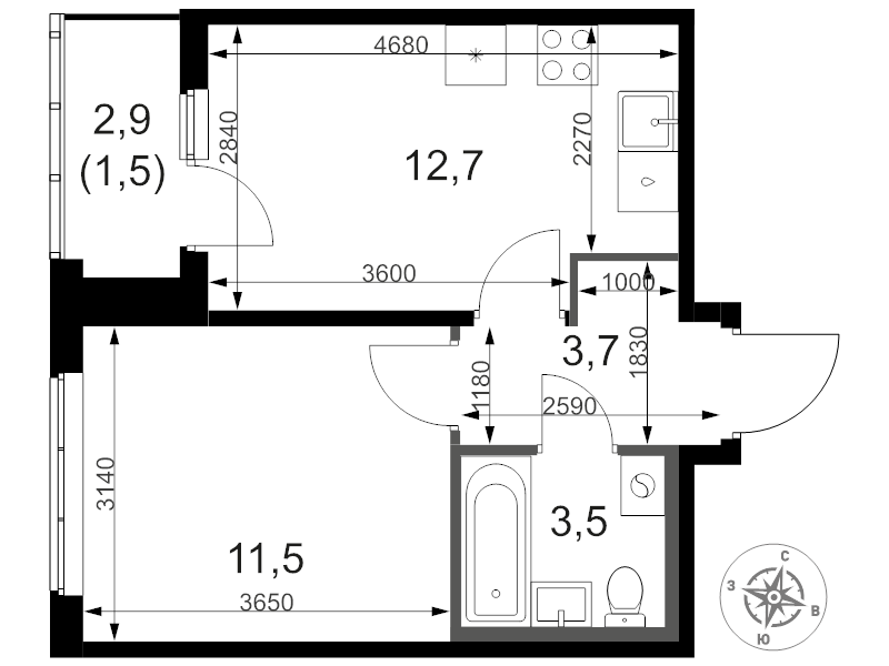 1 ккв 33,4 м²