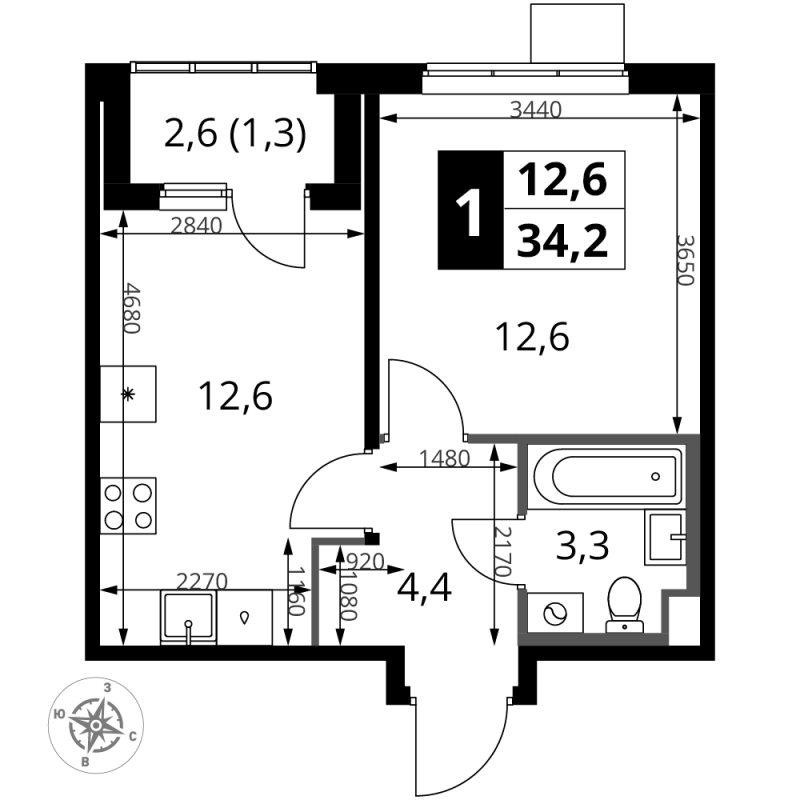 1 ккв 34,2 м²