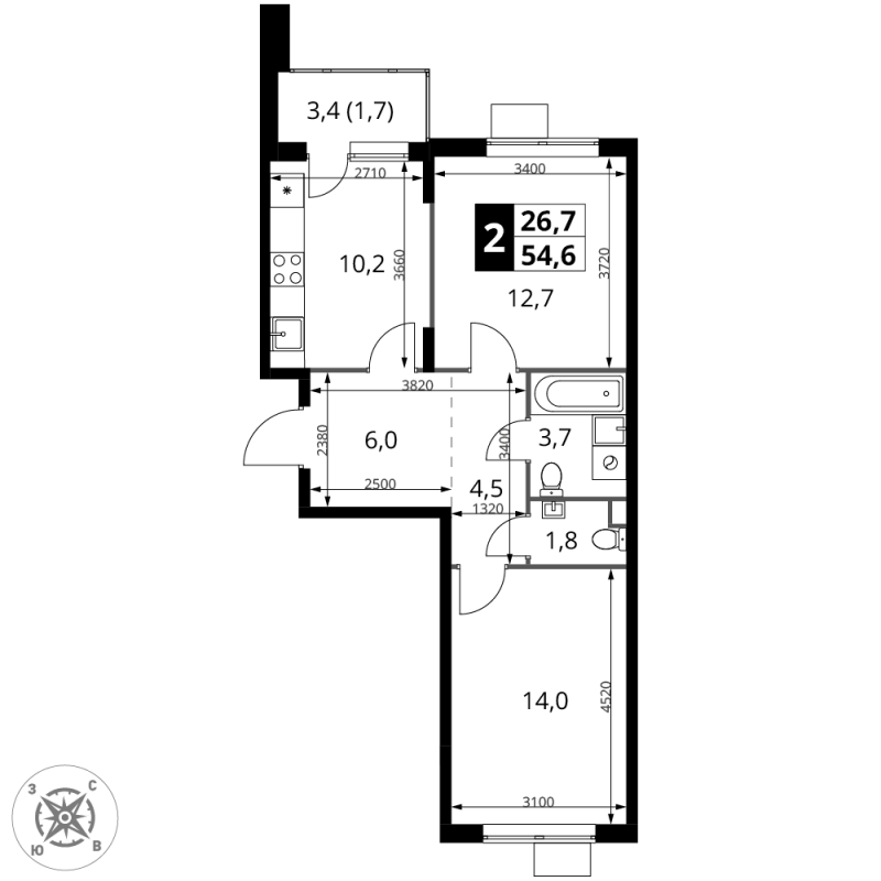 2 ккв 54,6 м²