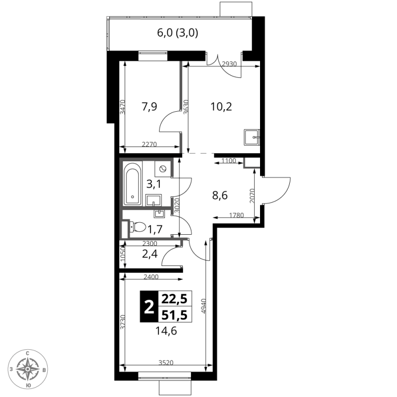 2 ккв 51,5 м²