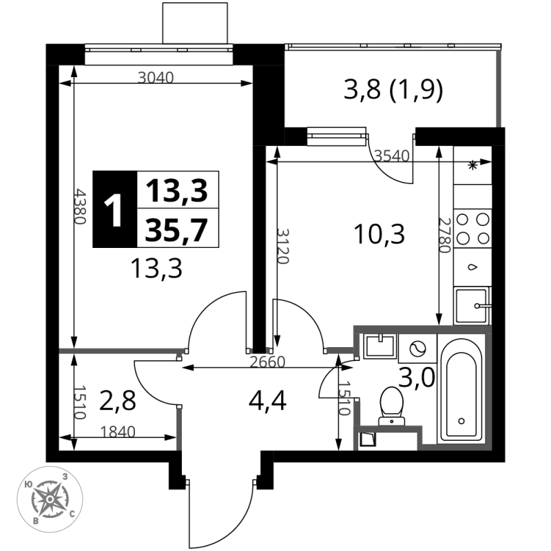 1 ккв 35,7 м²