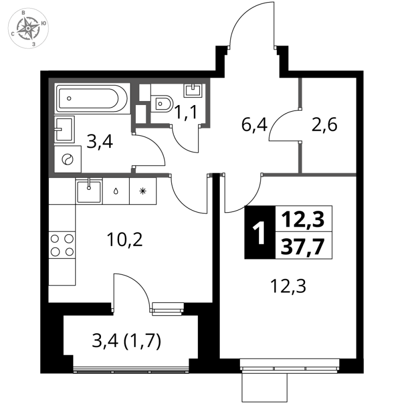 1 ккв 37,7 м²
