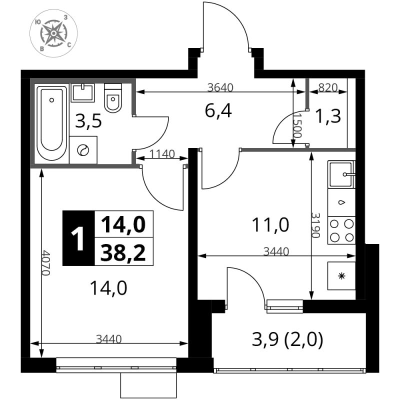1 ккв 38,4 м²