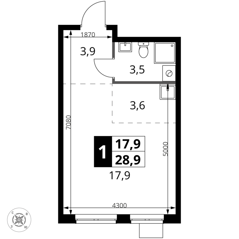 Студия 28,9 м²