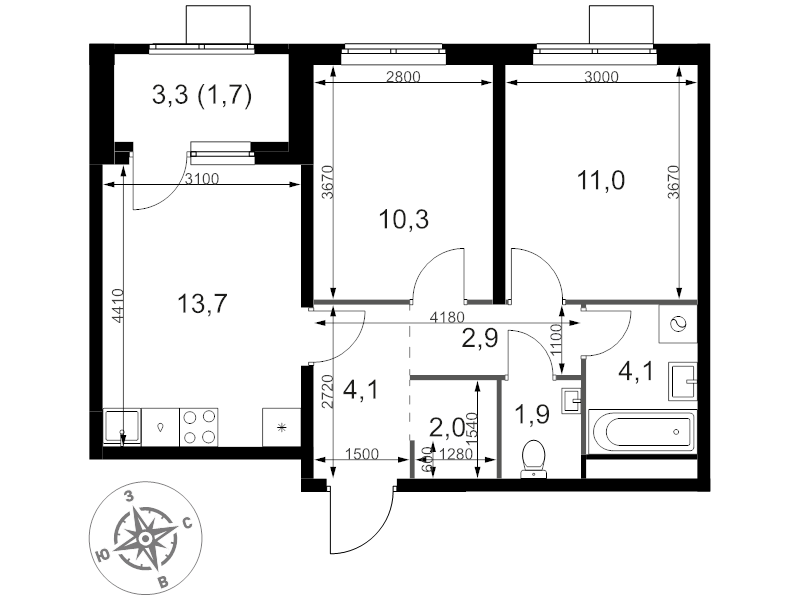 2 ккв 51,7 м²