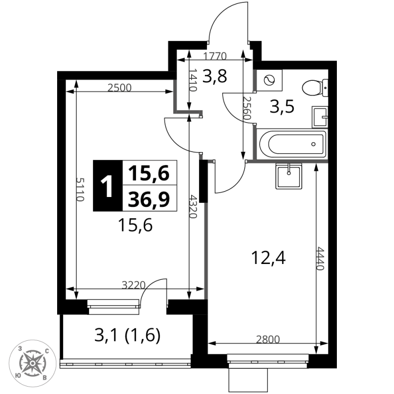 1 ккв 36,9 м²