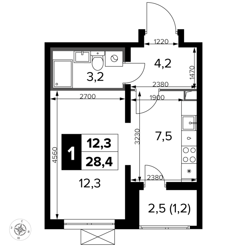 Студия 28,5 м²