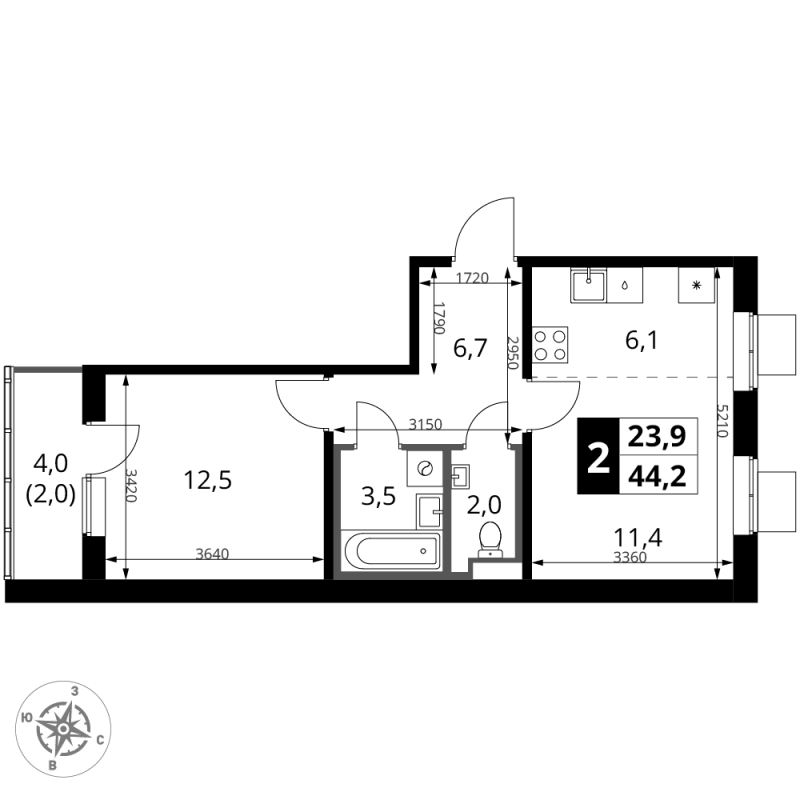 2 ккв (Евро) 44,2 м²