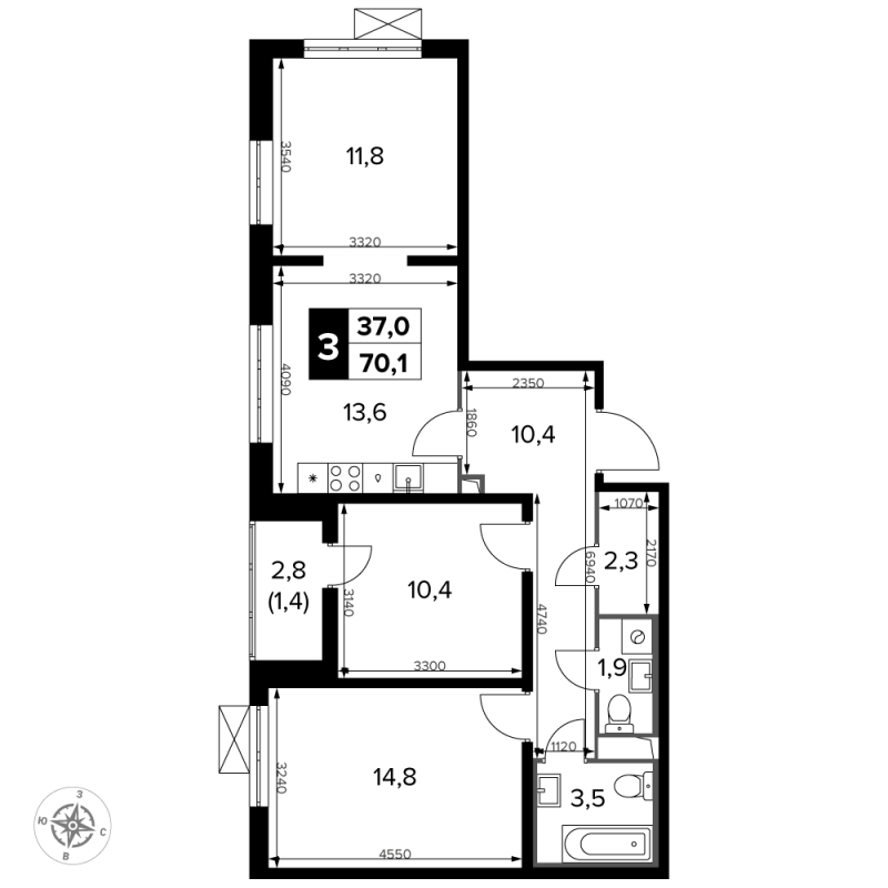 3 ккв 70,8 м²