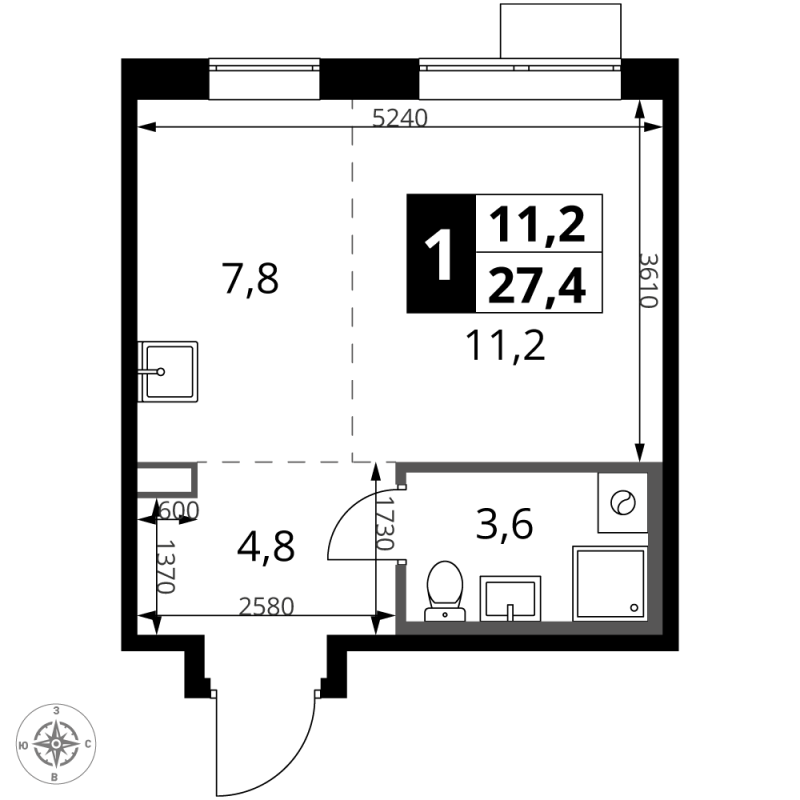 Студия 27,4 м²