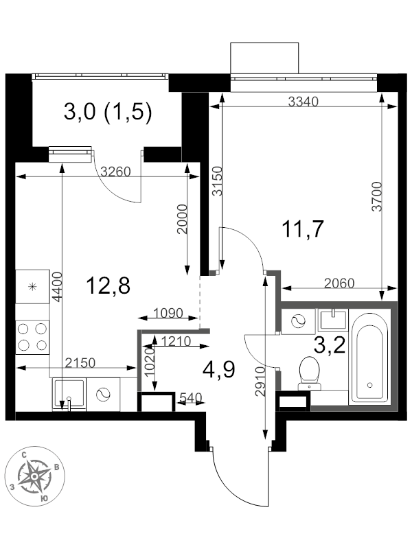 1 ккв 34,1 м²