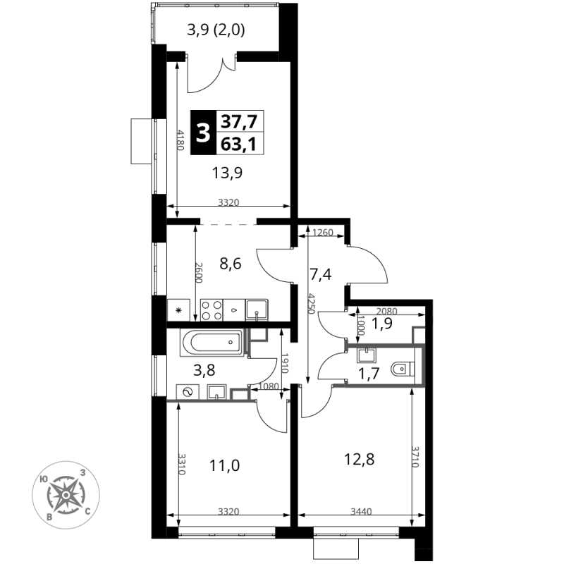 3 ккв (Евро) 63,6 м²