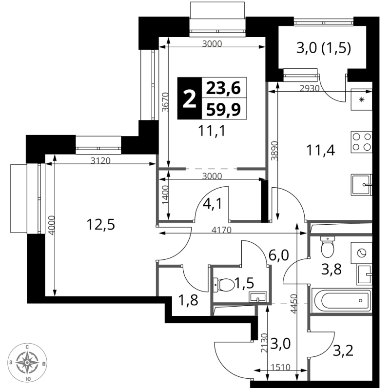 2 ккв 59,9 м²