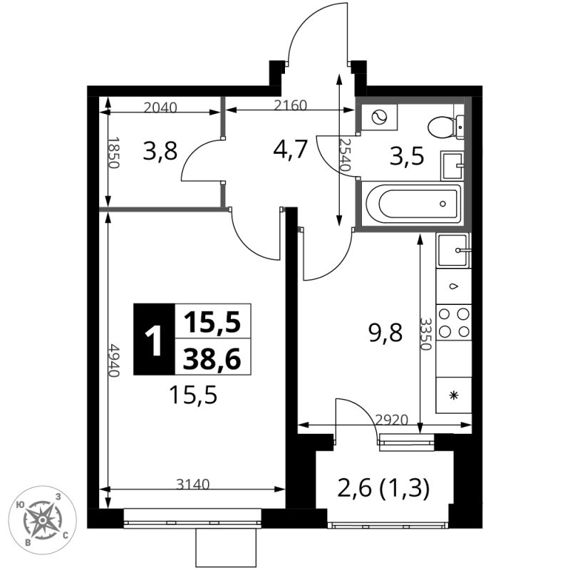 1 ккв 38,6 м²