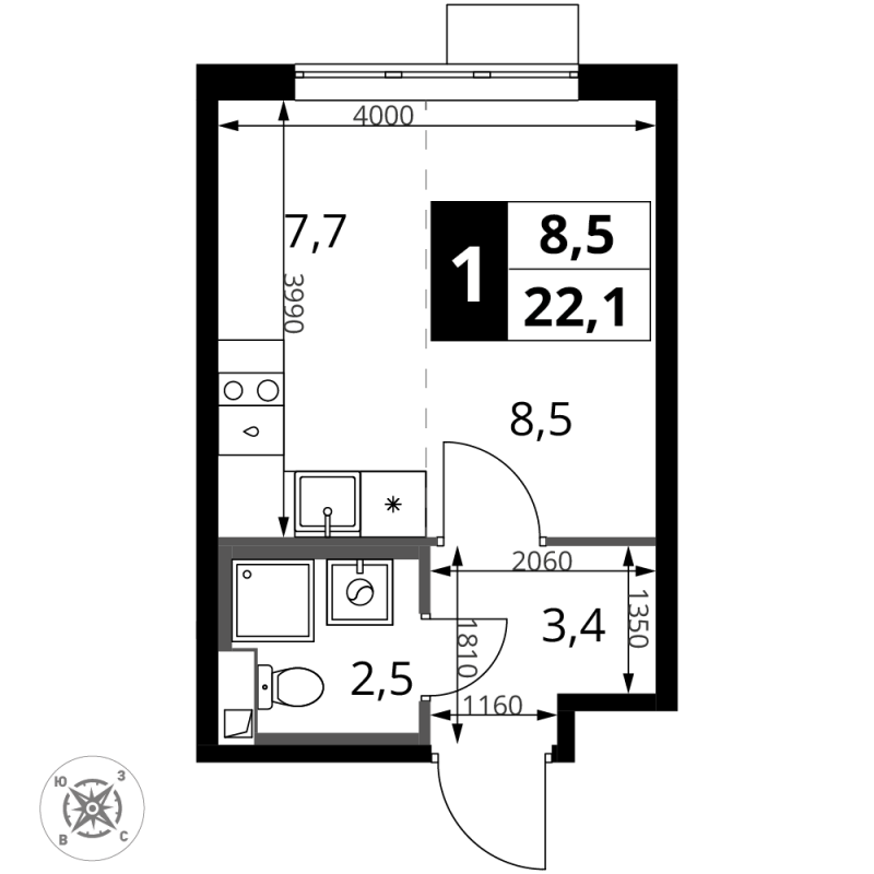 Студия 22,1 м²