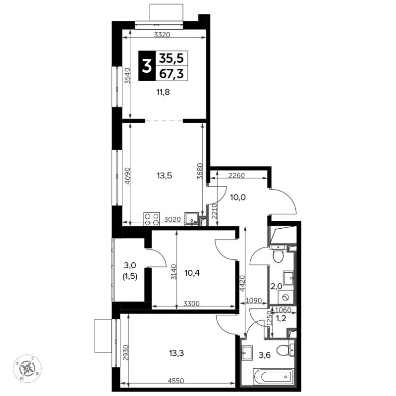 3 ккв 68,3 м²