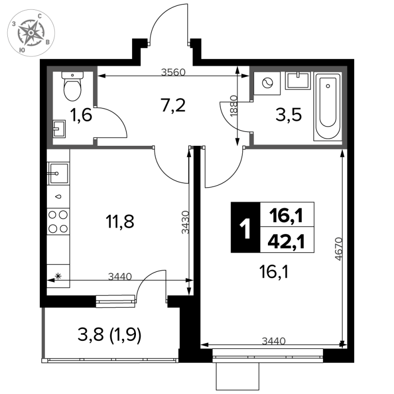 1 ккв 42,1 м²