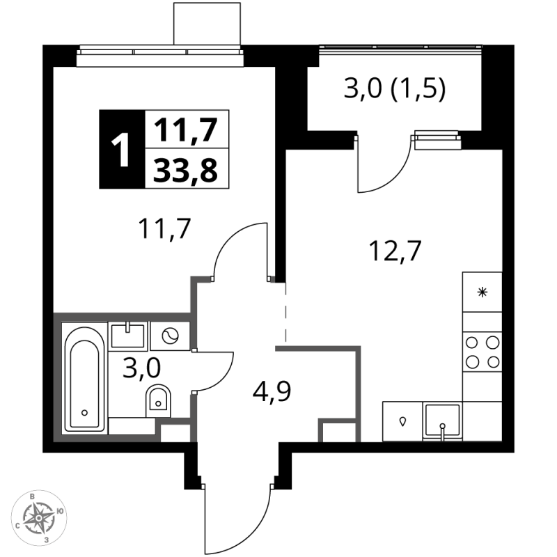 1 ккв 33,8 м²