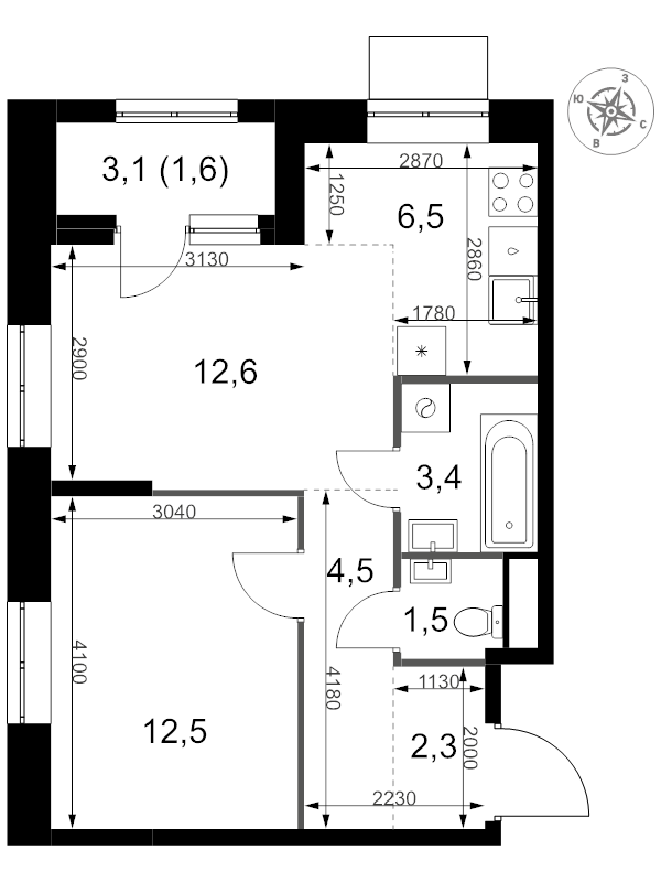 2 ккв (Евро) 44,9 м²