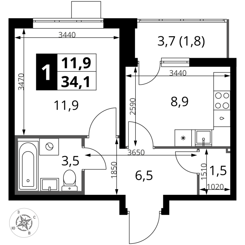 1 ккв 34 м²