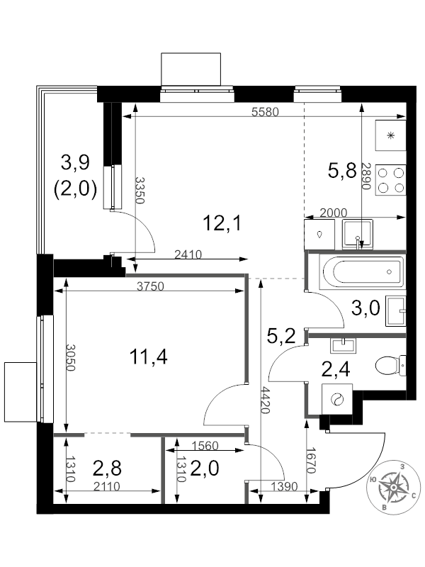 2 ккв (Евро) 46,7 м²